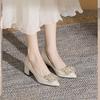 Fashion Rhinestone Buckle Wedding Shoes Women's 2024 Autumn New British Style Pointed Thick Heel High Heels Shallow Single Shoes Women's Shoes