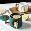 Керамическая кофейная кружка 420 мл с рисунком сиба-ину, милый 3D-дизайн с крышкой и ложкой, мультяшная чашка для молочного чая для девочек, креативный подарок на завтрак