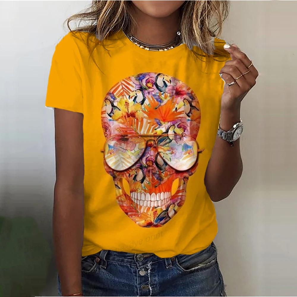 Summer Round Neck 3D Skull Pattern Printed Top Fashionable Casual Cute Short Sleeved Women's T-shirts