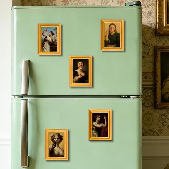 1/5 шт. Магнит на холодильник с изображением женщин, масляная живопись, 3D деревянная рамка, портрет дамы, магнит на холодильник, украшение для дома, кухни, офиса