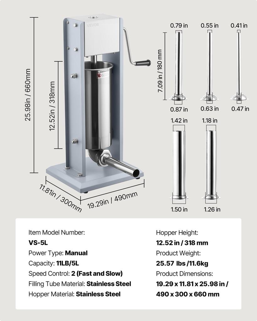 Manual Sausage Stuffer, 11 LBS / 5 L Vertical Meat Stuffer, Heavy Duty Sausage Casing Meat Stuffing Machine, Dual-Speed Stainless Steel Filler with 5