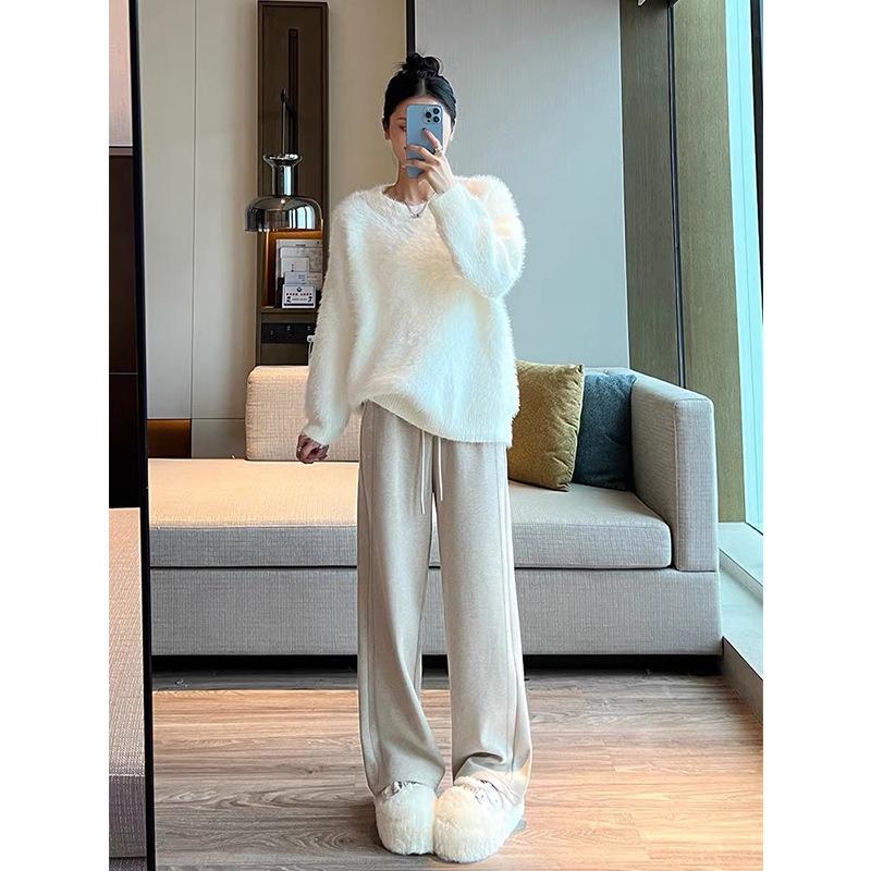 Gray Milk Silk High Waist and Thin Wide-leg Pants Women's Autumn and Winter New Cashmere Silk Casual Drawstring Floor Pants
