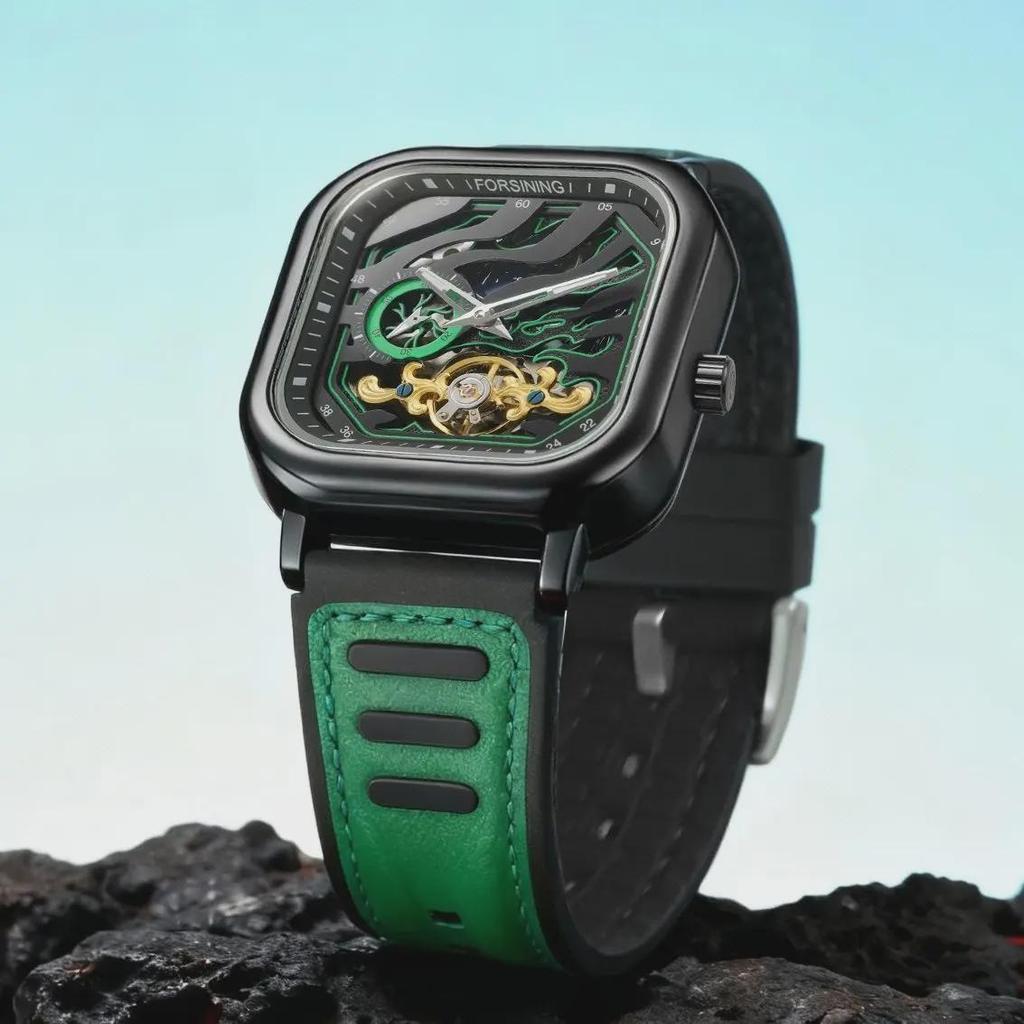 Forsining Fashion Mechanical Watch for Men Square Tourbillon Skeleton Automatic Watches Leather Rubber Strap Sports Wristwatches