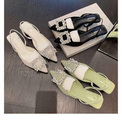 Норвежская принцесса Стразы Квадратная пряжка Острый задник Пустой высокий каблук Босоножки феи Повседневная свадебная обувь