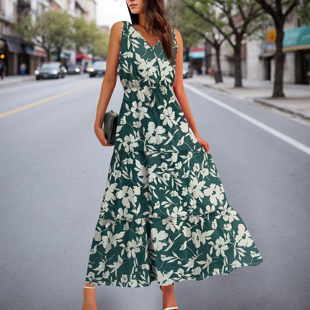 Женские струящиеся платья Женские летние платья Повседневные длинные платья без рукавов Милые длинные платья с цветочным принтом