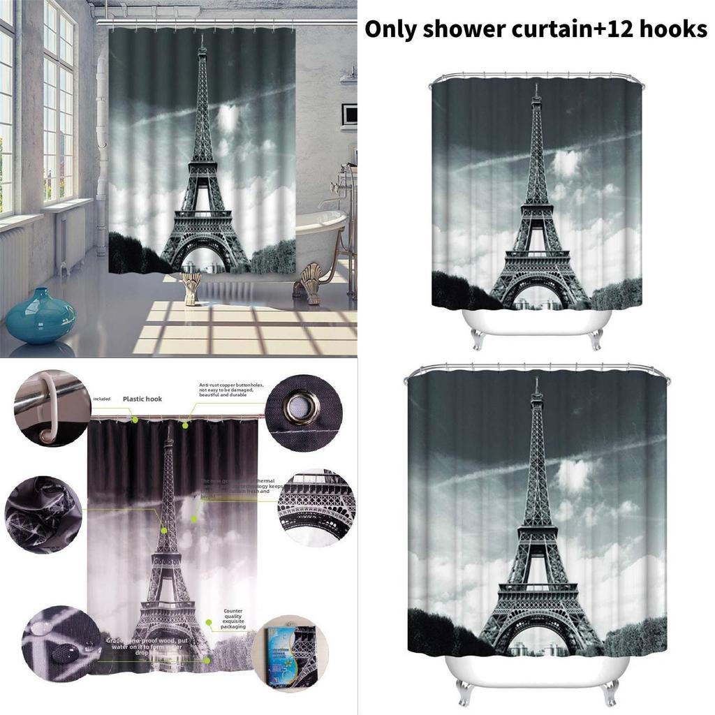 Eiffel Tower Polyester Shower Curtain With Scenic Landscape And Bridge Design For Home Use