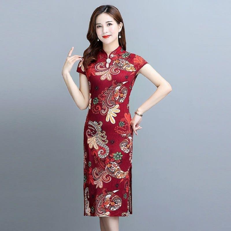 Летнее женское платье Cheongsam в китайском стиле с принтом трапециевидной юбки с короткими рукавами юбка-миди