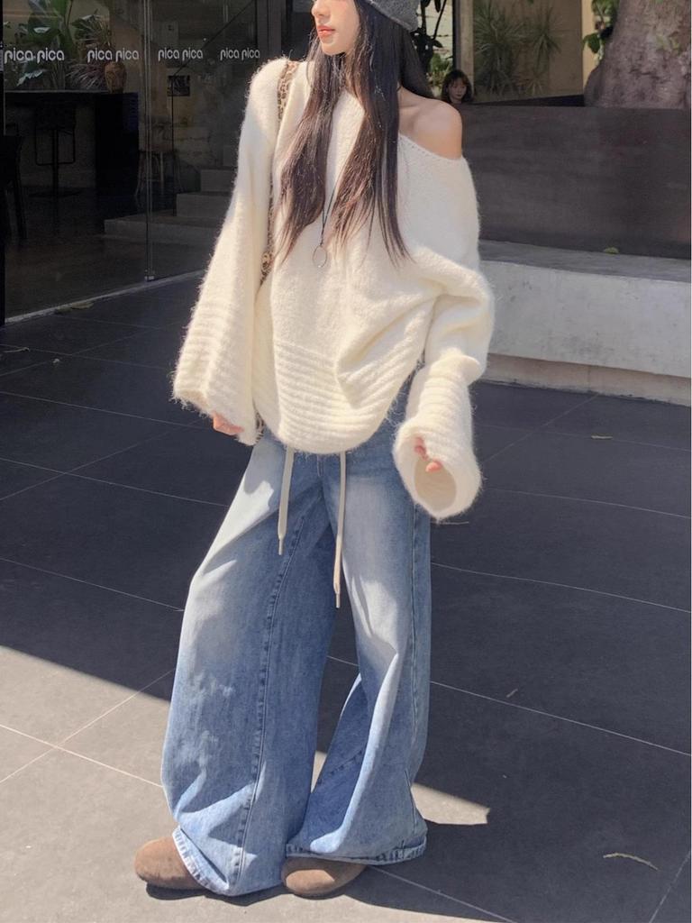 Женский корейский свитер с открытыми плечами и рукавами-фонариками - Мягкий, эластичный трикотаж, свободный крой, стройнящий, больших размеров, коллекция осень/зима