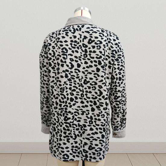 Women Spring Fall Coat Fake Chest Pocket Turn-down Collar Single-breasted Leopard Print Long Sleeves Mid Length Daily Wear Jacket