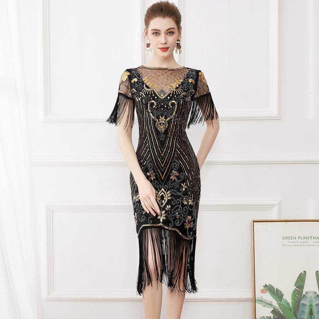 1920S Retro Ball Embroidered Fringed Dress Cocktail Party Large Size Sequined Beaded Mesh Dress
