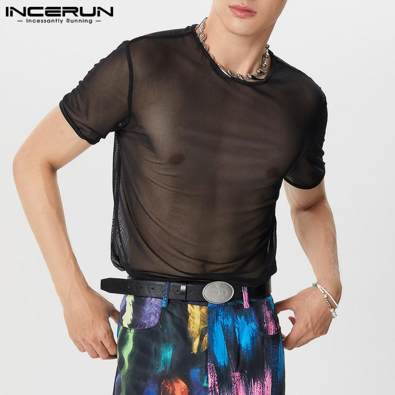 INCERUN Мужские сетчатые прозрачные топы с коротким рукавом для пляжной вечеринки, просвечивающие футболки