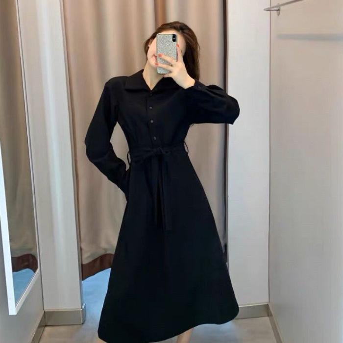 Spring and autumn new French art students commute wear high-end small long-sleeved black dress women