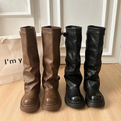 Пустошь ветер воловья кожа взрыв огонь мода круглый носок толстая подошва толстый средний каблук одна нога морщины ботинки легко носить универсальные модные женские ботинки