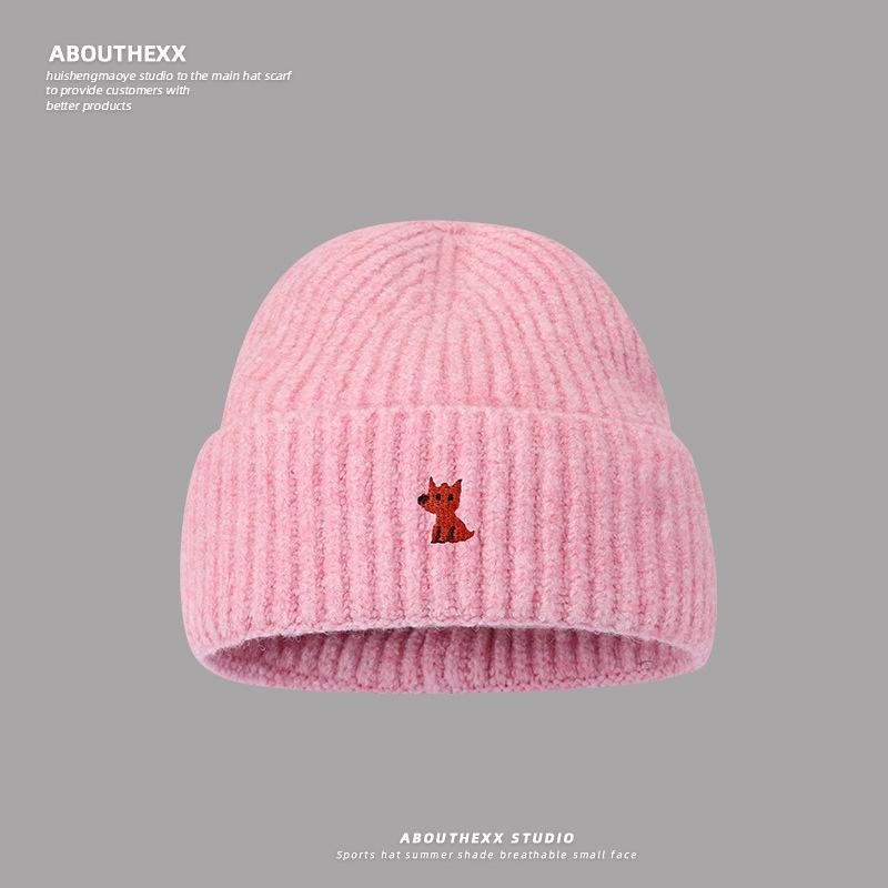 Autumn and Winter Warm Knitted Hats for Men and Women Korean Style Small Fox Embroidered Loose Big Head Circumference Woolen Hat Ins Trend