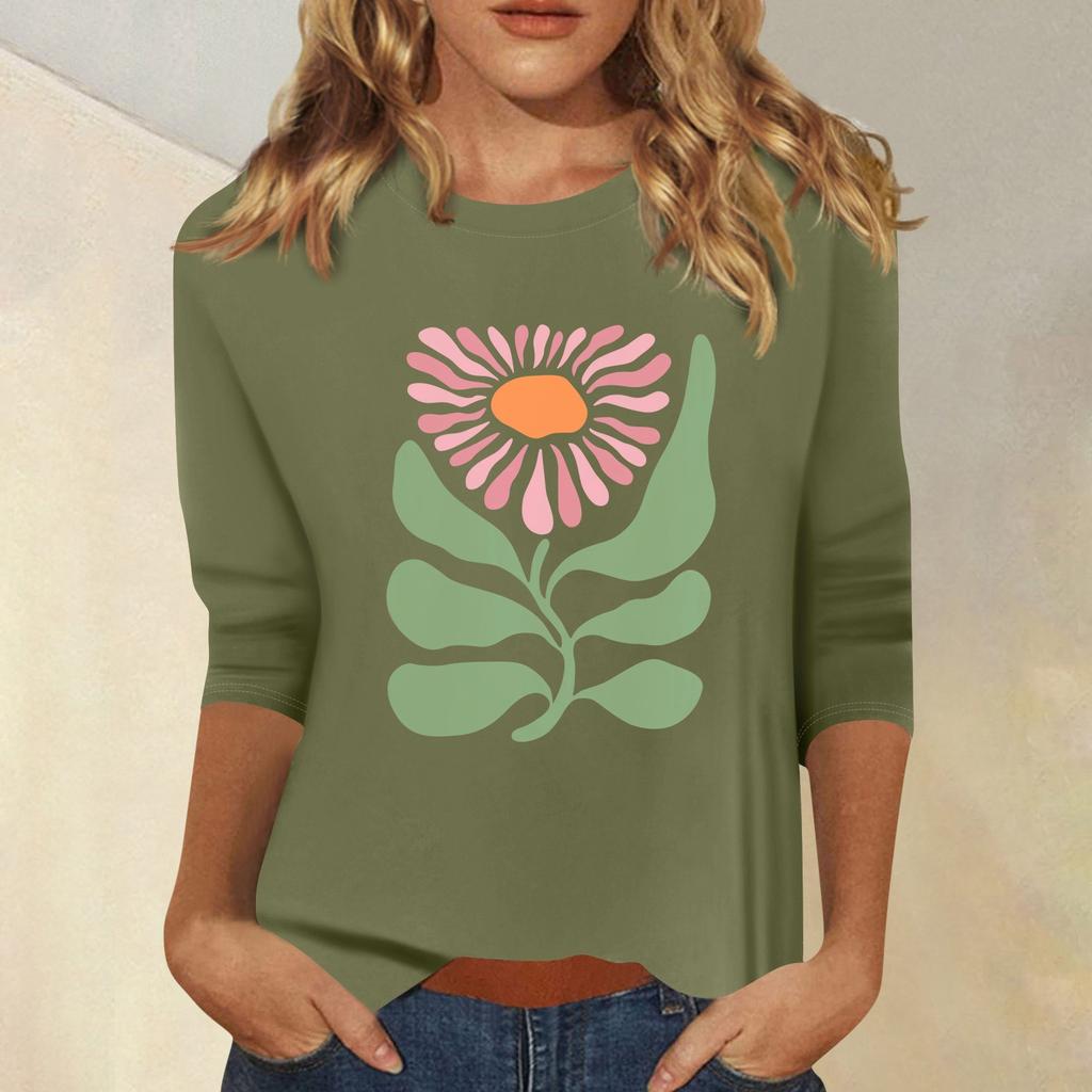 Женская мода повседневный принтованный топ с семью рукавами и круглым вырезом