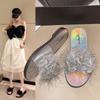 Slides Black Sandals Open Toe Shoes for Women 2024 Outside Summer Fluffy Woman Slippers Fuzzy Furry Low Heel I H Sandal Normal W