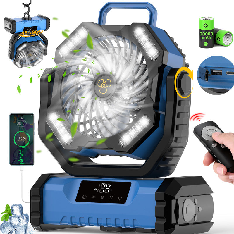 20000mAh Battery Operated Fan, Portable Rechargeable Desk/Camping Fan with LED Light and Hook, Outdoor Fan for Tent Car Trip