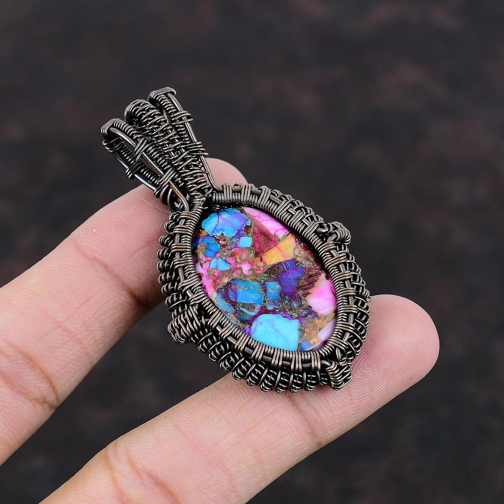 Natural Kingman Pink Dahlia Turquoise Pendant Copper Wire Wrapped Gemstone Pendant Handmade Copper Jewelry Unique Style Pendant Wedding Gift
