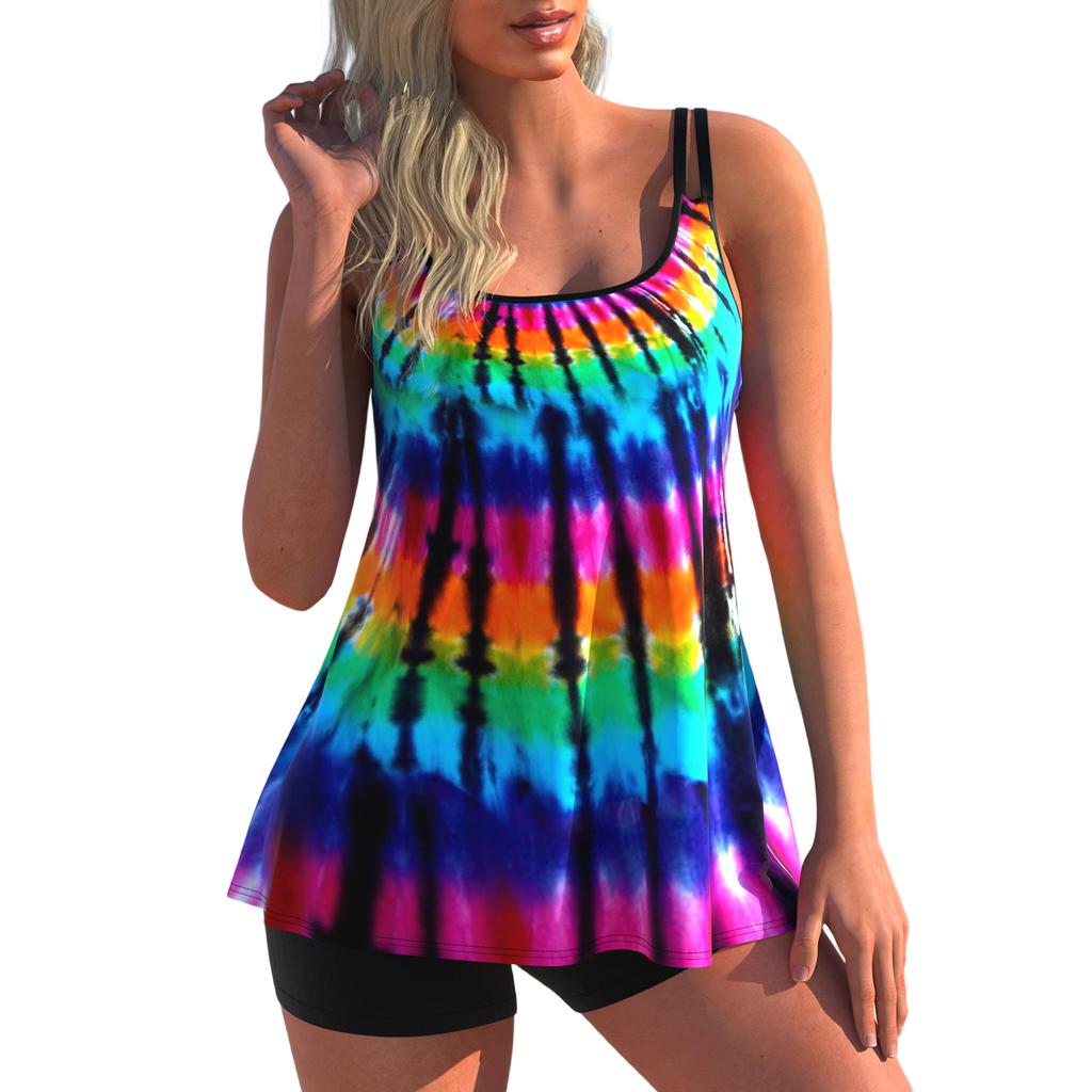 Women Swim Shirt + Shorts, Geometry/Rainbow/Butterfly Print Swimming Tops Swimwear Short Trousers Suit