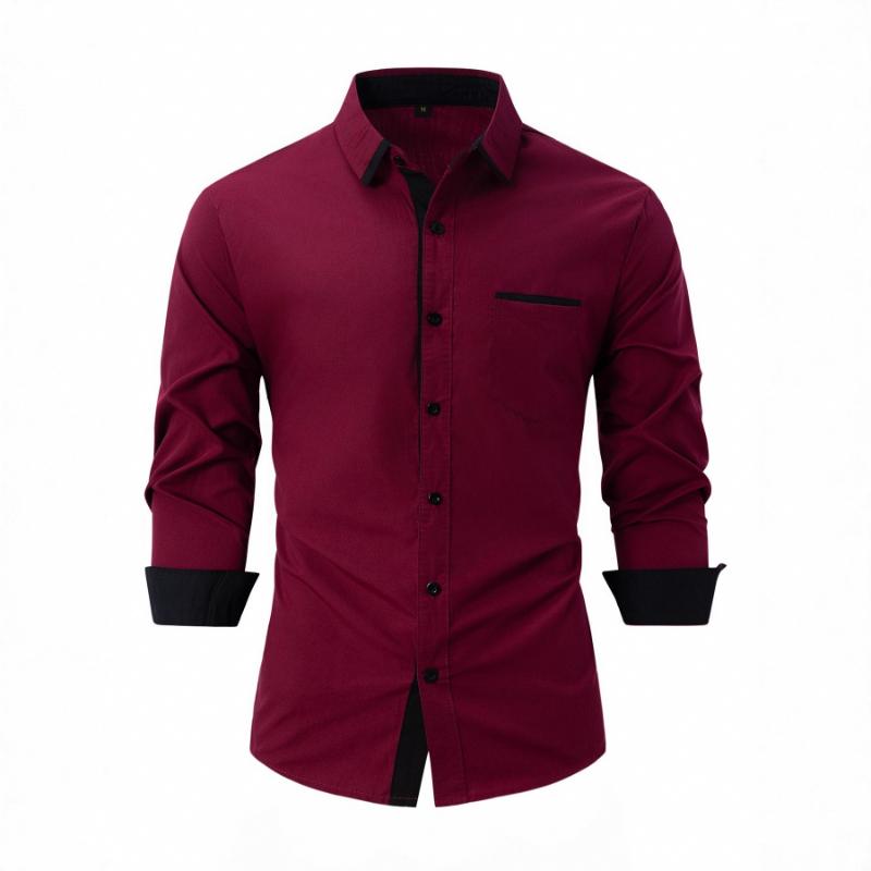 Men Contrast Black Trim Pocket Full Button Long Sleeve White Dress Shirt