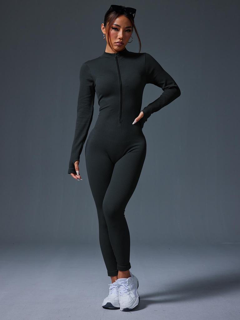 European-Style One-Piece Sport Jumpsuit for Women with Zipper, Stand Collar, Long Sleeves, Thumb Holes, Hip Lifting, and Tummy Control
