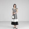 Women's New Summer French Square Collar Plaid Suspender Dress with Patchwork Style, Slimming Long Skirt