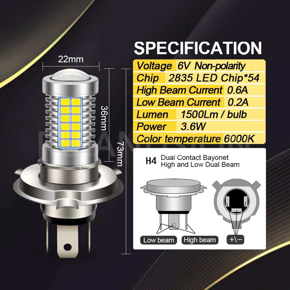 Ruiandsion H4 светодиодная лампа для фар мотоцикла, белая, постоянного тока 6 В, супер яркая, 2835, 54SMD, чипсет, светодиодная лампа с линзой проектора для мотоциклетной лампы, неполярная
