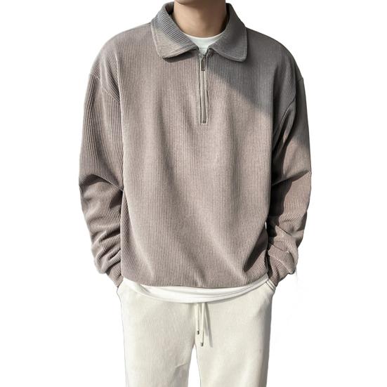 Men Fall Spring Top Half Zipper Turn-down Collar Corduroy Loose Vertical Striped Solid Color Long Sleeves Pullover Office Shirt for Commuting School