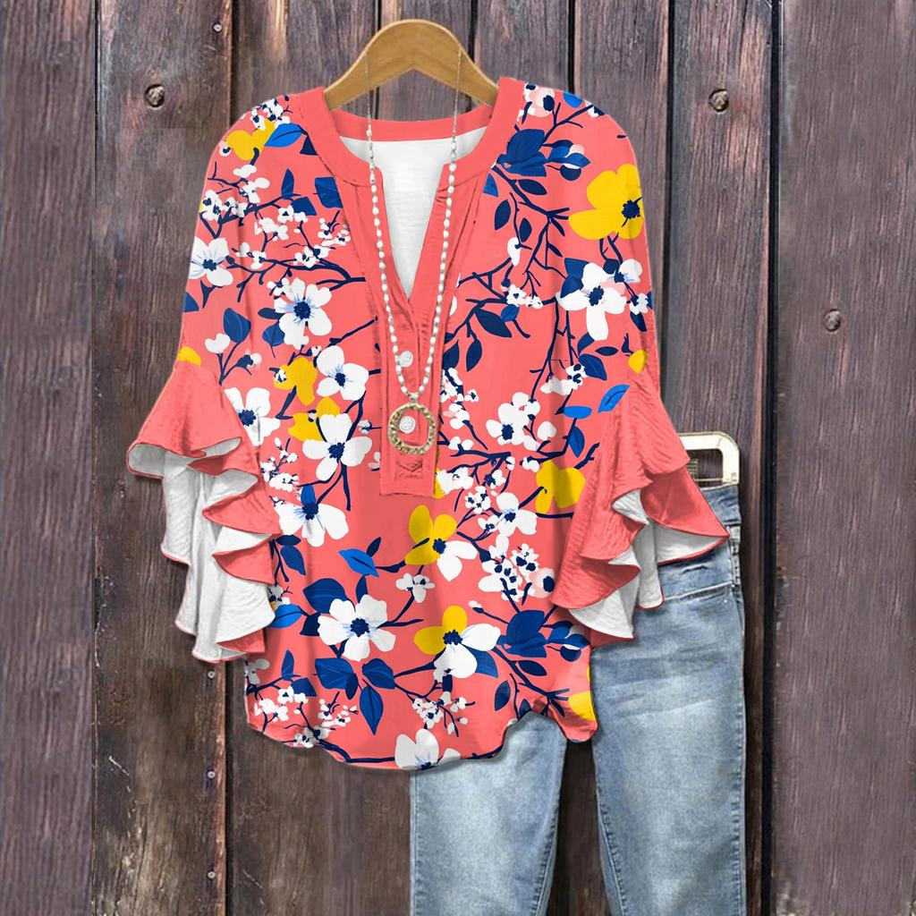Summer Tops For Women Cute V Neck 3/4 Sleeve Blouses Floral Print Top Casual Shirts