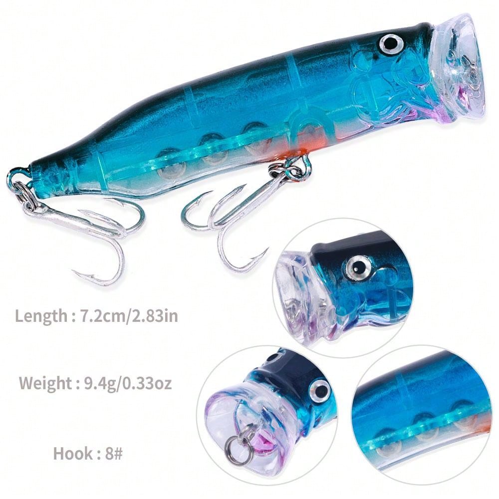1pc Popper Fishing Lure 7.2cm/9.4g Hard Bait Artificial Topwater Bass Trout Pike Wobbler Fishing Tackle With 2 Treble Hooks