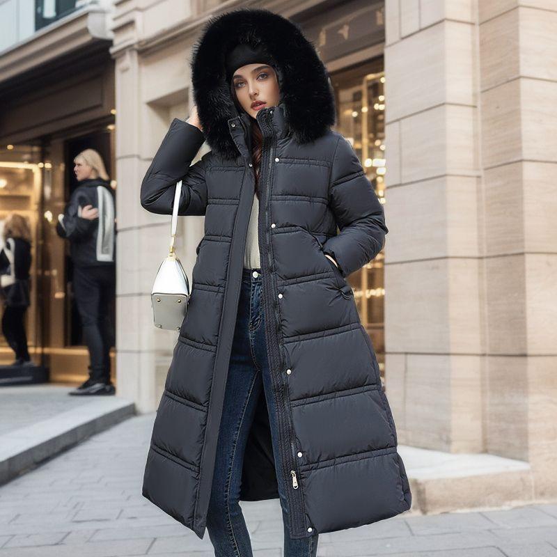Hooded Down Cotton-Padded Jacket Women Slim Fitting Large Fur Collar Loose Warm Fur Collar Over The Knee Parkas and Thick Coats Female Winter Outwear