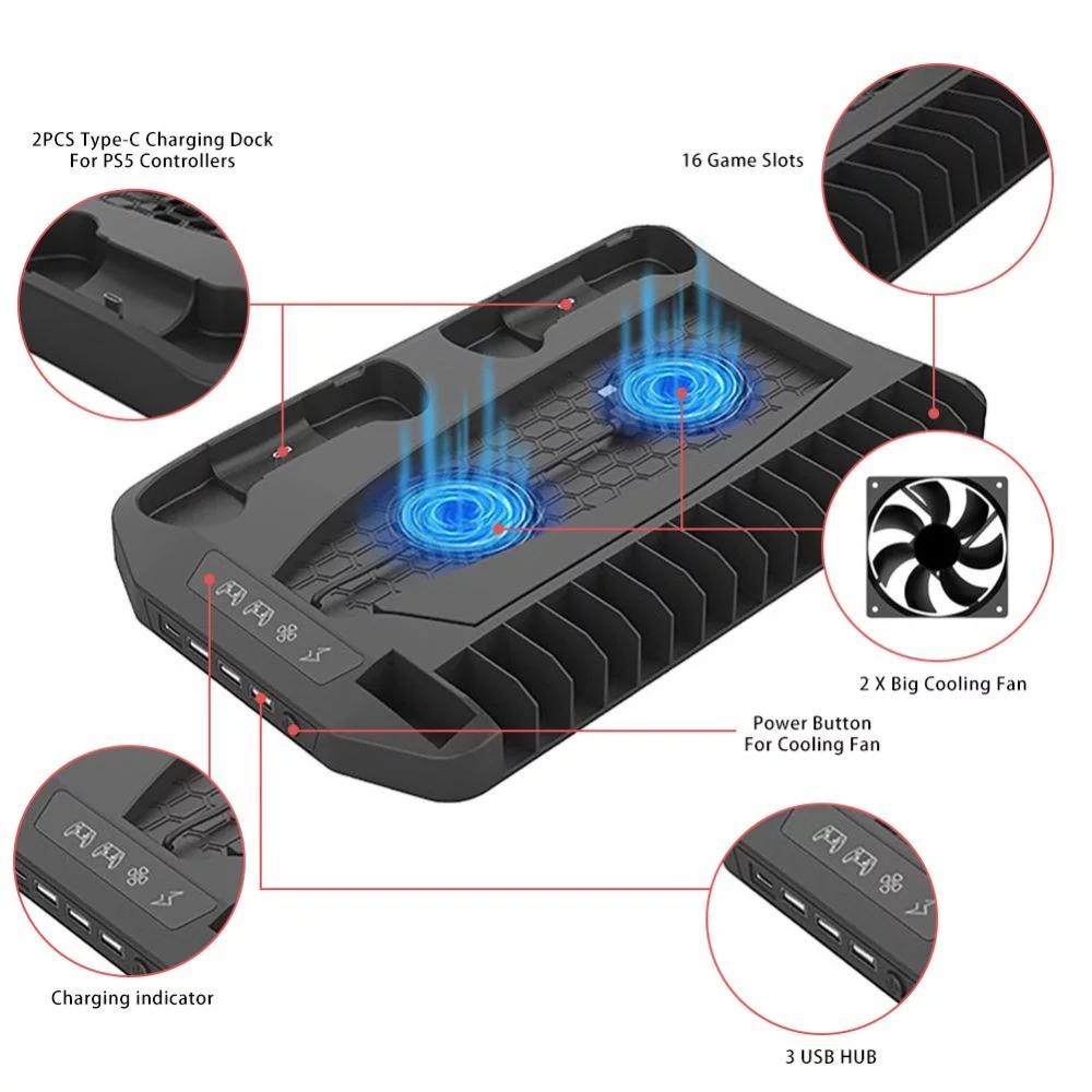 Vertical Stand Cooling Fan System Dual Controller Charging Station Docks with LED Indicator and 2 Port USB Hub for PS5 Game Slots