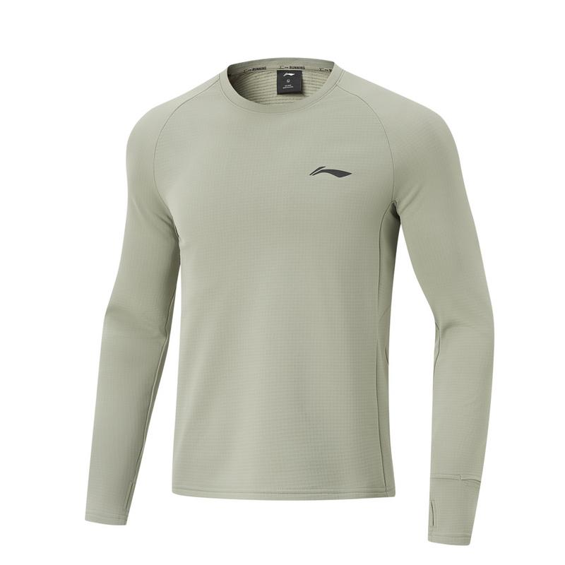 Li Ning Серия для бега Спортивная повседневная простая однотонная футболка с круглым вырезом и длинными рукавами Мужской топ Морозно-серый ATLU225-3