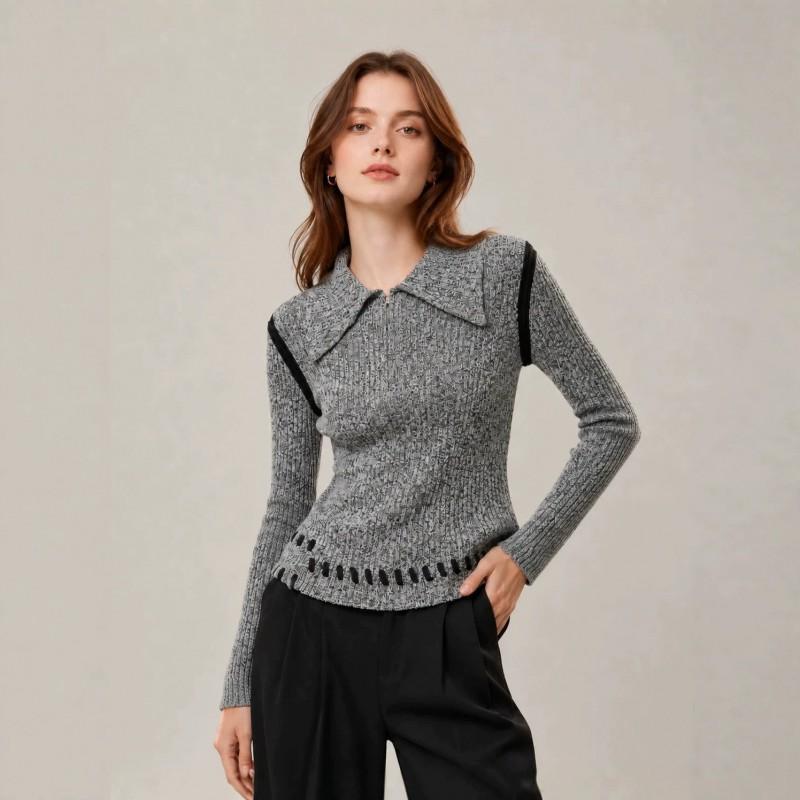 Womens Knitted Sweater With Collar Lapel Color-Block Stitched Design Fall Winter 2026 Elegant Office Wear