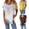 Women T-shirt Round Neck Short Sleeve Tee Shirt with Hot Rhinestones Printing Tassel Hem Solid Color Pullover Tops