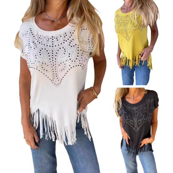Women T-shirt Round Neck Short Sleeve Tee Shirt with Hot Rhinestones Printing Tassel Hem Solid Color Pullover Tops