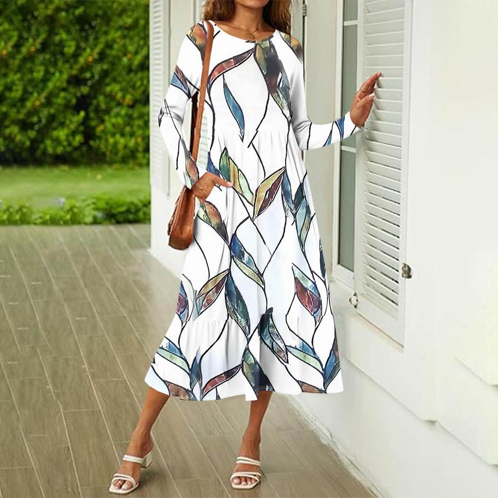 Женское повседневное платье с принтом, весна-осень, карман, круглый вырез, длинные рукава, платья