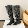 Autumn and Winter White Boots Women's Belt Buckle Pleated Pile Boots Pointed Thick Heel Knight Boots