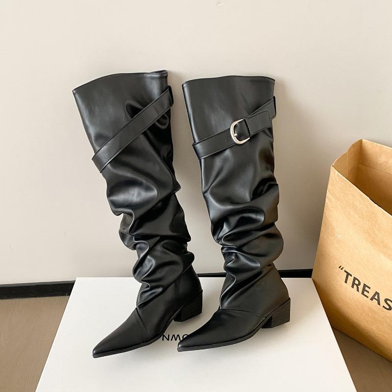 Autumn and Winter White Boots Women's Belt Buckle Pleated Pile Boots Pointed Thick Heel Knight Boots