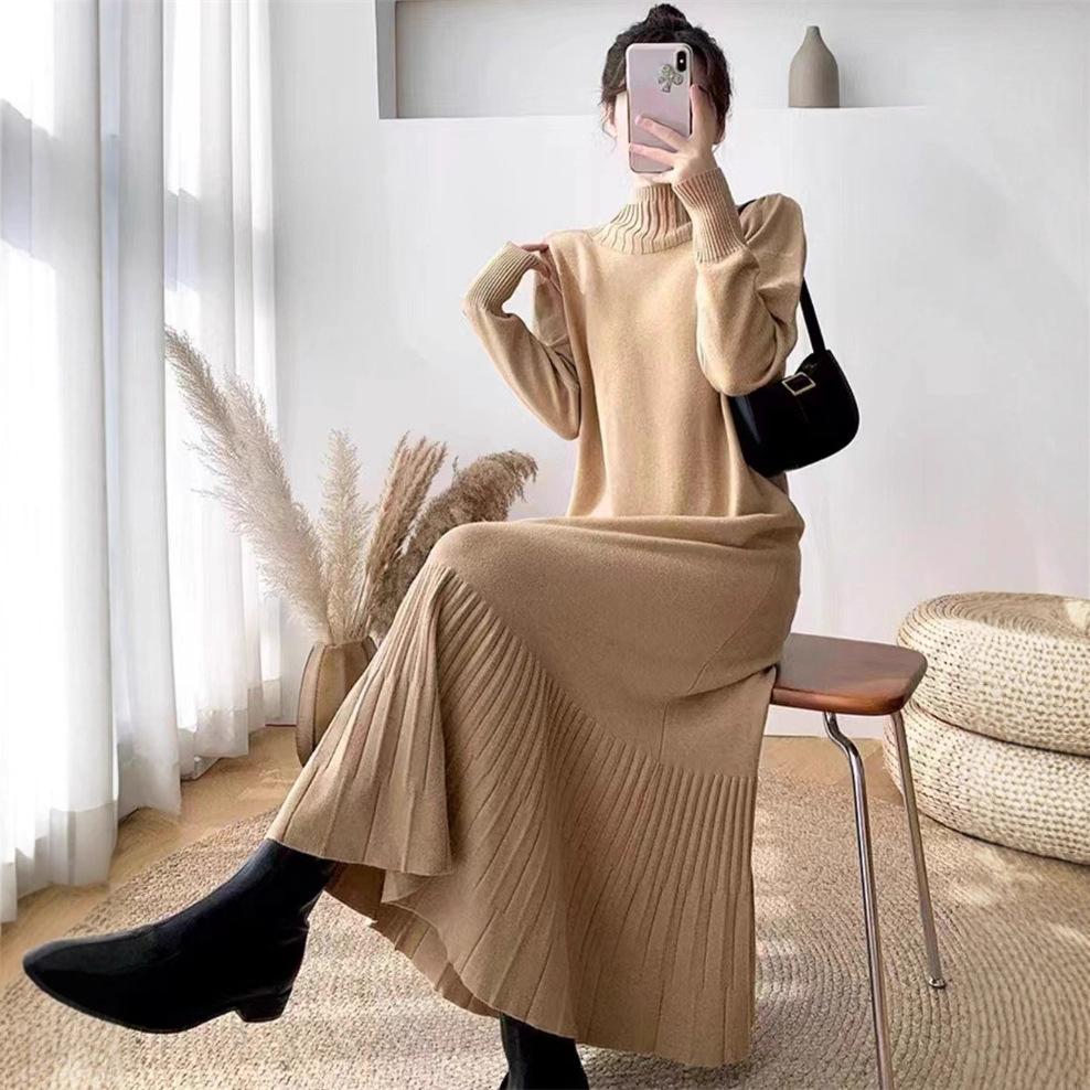 Semi-turtleneck Bottoming Knitted Sweater Skirt Women's Autumn and Winter New Over-knee Long Loose Large Size with Coat Dress Tide