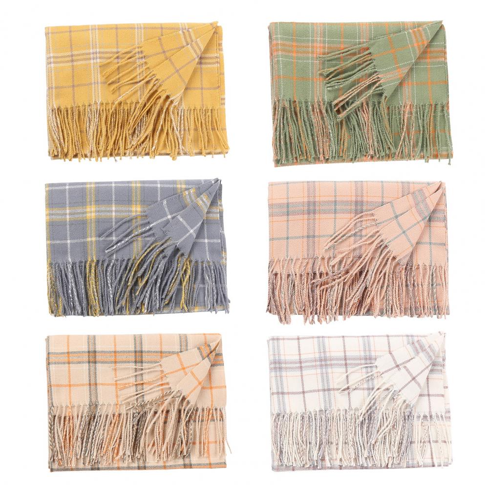 Women Scarf Plaid Pattern Tassel Decoration Thickened Scarf Long Warm Plush Neck Wrap Clothes Accessories