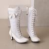 Женские ботинки на высоком каблуке, осенне-зимние новые милые и универсальные женские ботинки в римском стиле на толстом каблуке с кружевом и сращиванием