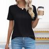Summer Women Top Round Neck Short Sleeves Pure Color Pleated Loose-fit T-shirt Casual