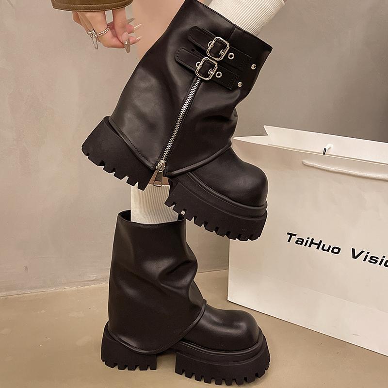Fashion Designer Women Trouser Legs Short Boots Female Platform Thick Bottom Knight Booties Autumn Winter Shoes