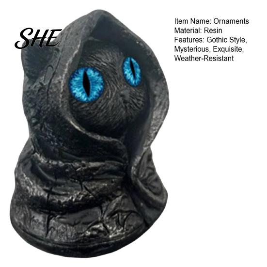 Waterproof Resin Craft Mysterious Hooded Black Cat Figurine, Gothic Wizard Statue with Big Eyes, Animal Ornament Mini Desktop Shelf Ornament,