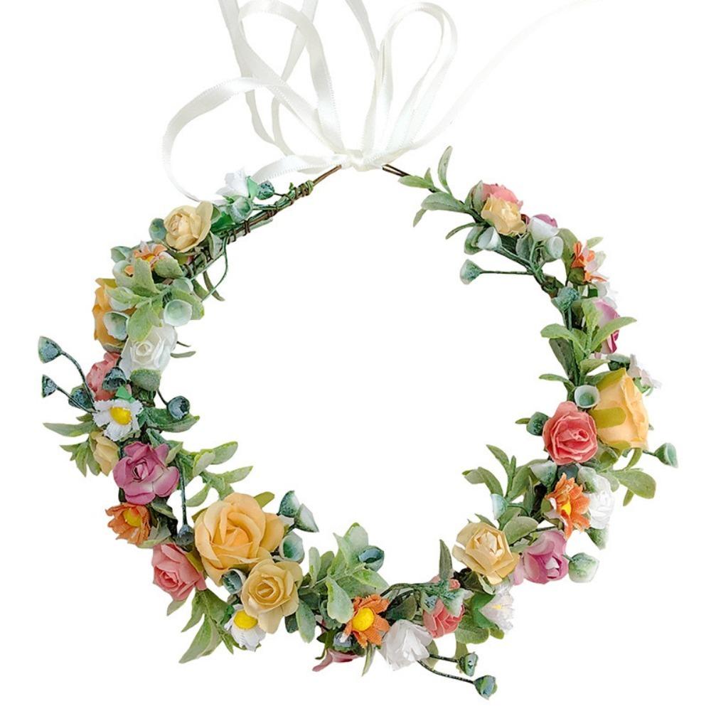 New Rose Floral Floral Crown Headband White Flower Green Leaf Floral Wreath Headband Ribbon Bridal Garland Girls Women
