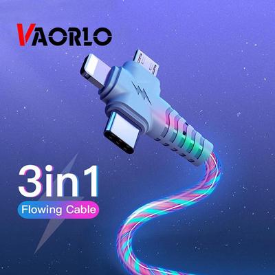 VAORLO Светящийся зарядный кабель 3 в 1, USB-кабель для быстрой зарядки 2.1A со светящимся освещением для Samsung iphone XiaoMi HuaWei