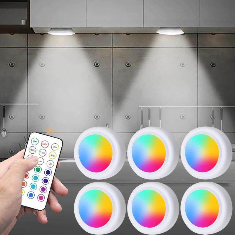 RGB Цветные Подшкафные Светильники Беспроводные на Батарейках Светодиодные Фонари с Пультом Дистанционного Управления Диммируемые Ночные Светильники для Шкафа в Спальню Кухню
