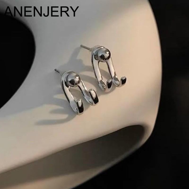 ANENJERY Silver Color Geometric Back Hanging Stud Earrings for Women New Fashion Personality Hip-hop Party Jewelry