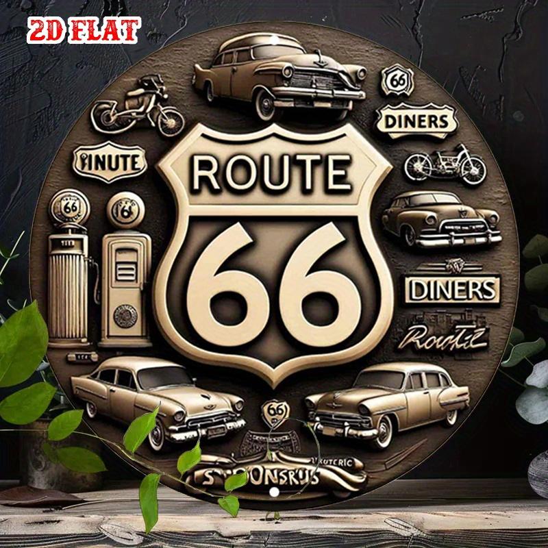 D Flat pc Route Vintage Diner Metal Tin Sign Rustic Round Aluminum Wall Art with Classic Cars Motorcycles Room Decor